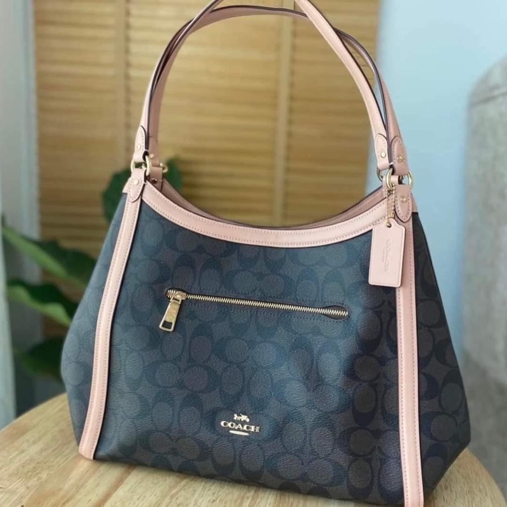 Coach Signature Canvas Shoulder Bag with Pink Trim